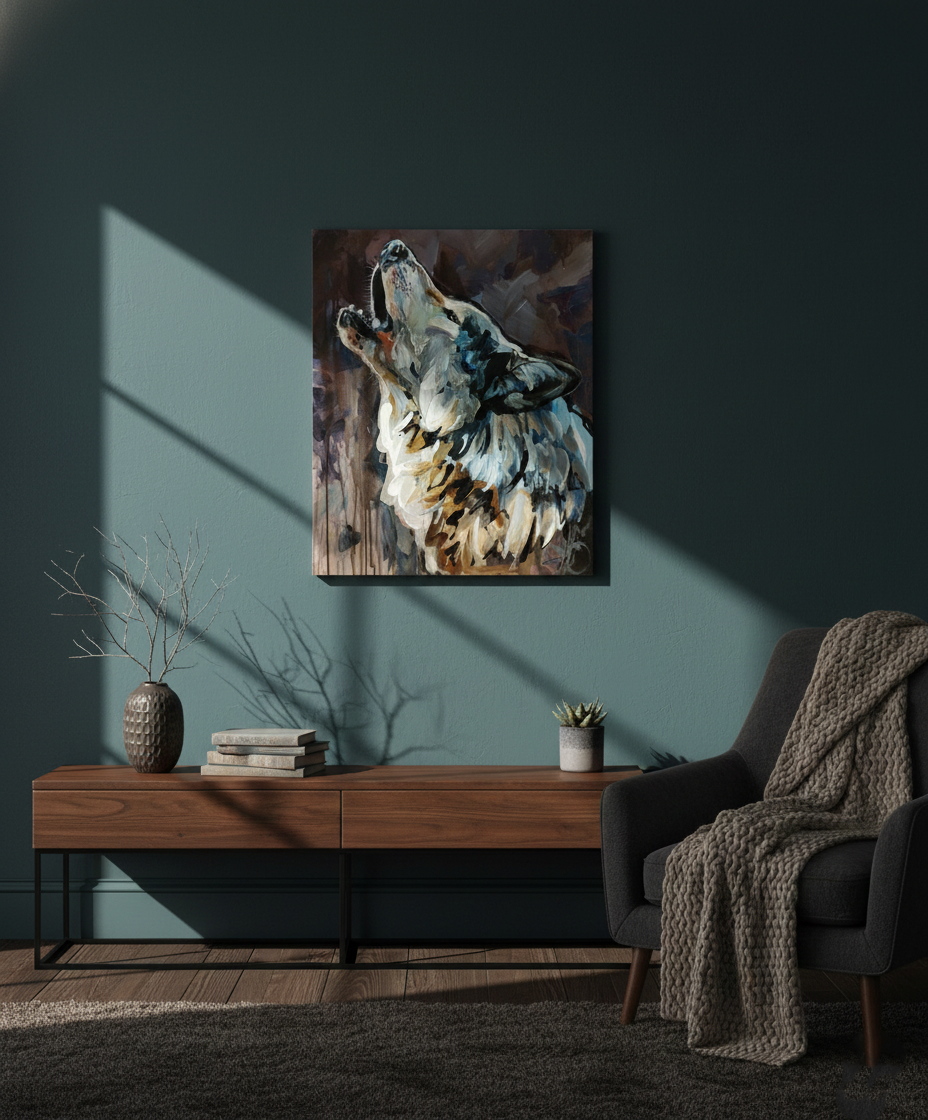 Handgemaltes Wolf-Gemälde über Sideboard aus Walnussholz vor dunkel-türkiser Wand im modernen Wohnzimmer.