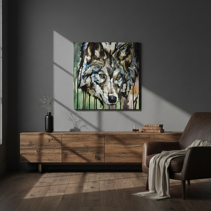 Wolf-Gemälde hängt über dunklem Holz-Sideboard mit Messinggriffen vor grauer Wand.