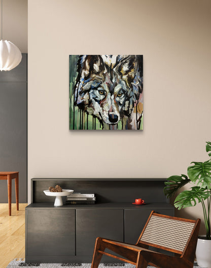 Wolf-Gemälde in Acryl über schwarzer Kommode in stilvollem Wohnzimmer mit Rattanstuhl und Pflanze.