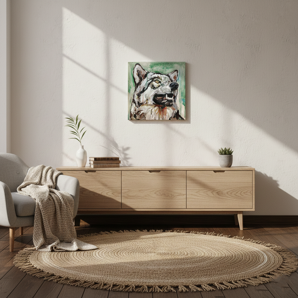 Handgemaltes Wolf Porträt über niedrigem Sideboard aus hellem Holz im nordischen Wohnzimmer.