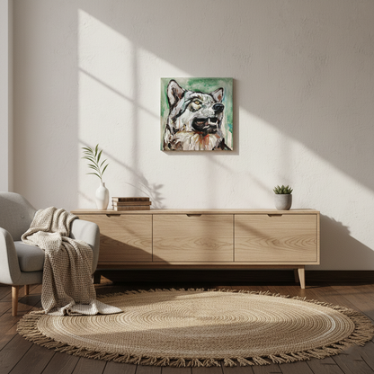 Handgemaltes Wolf Porträt über niedrigem Sideboard aus hellem Holz im nordischen Wohnzimmer.