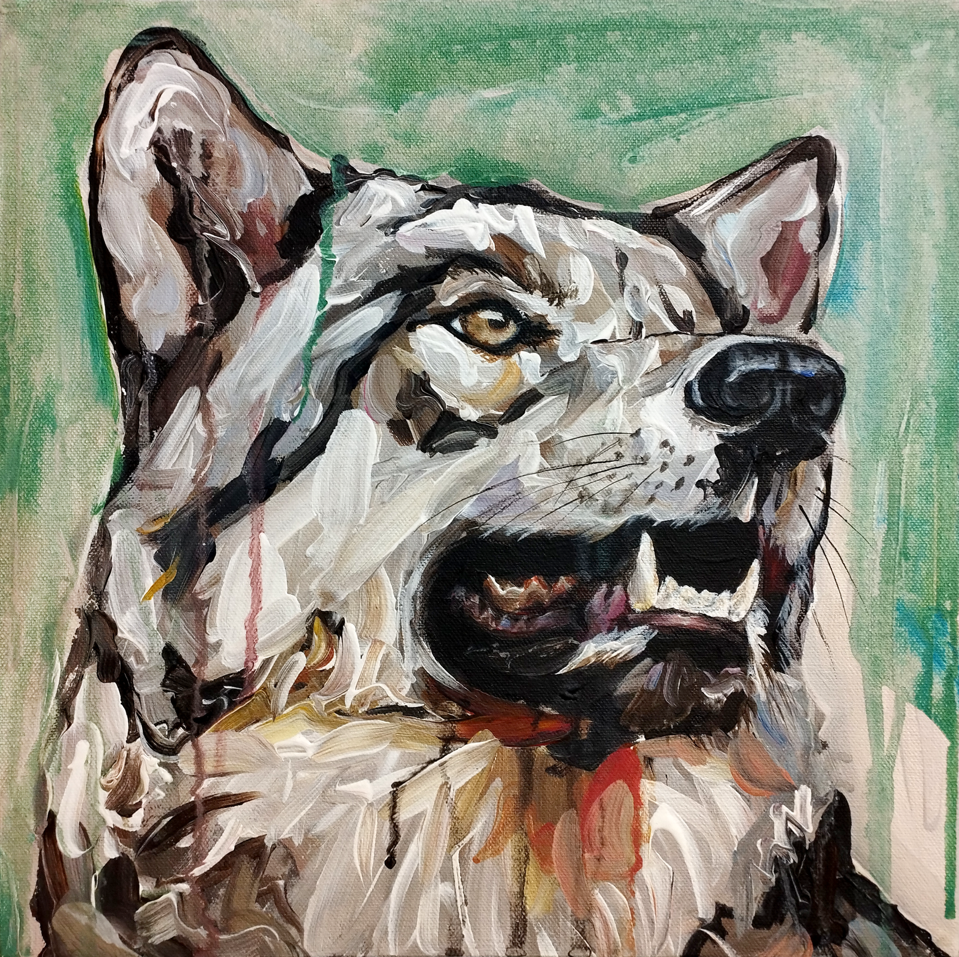 Detailaufnahme: Expressives Wolf-Gemälde mit gelben Augen und sichtbaren Reißzähnen, starke Textur.