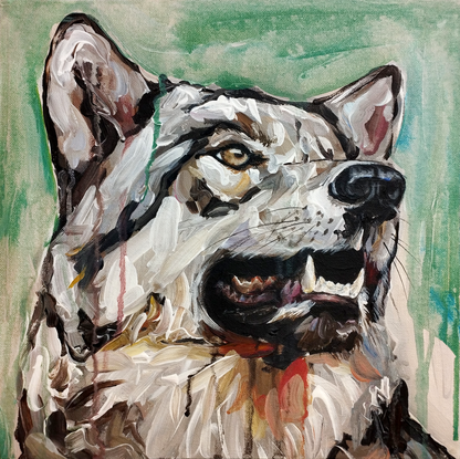 Detailaufnahme: Expressives Wolf-Gemälde mit gelben Augen und sichtbaren Reißzähnen, starke Textur.