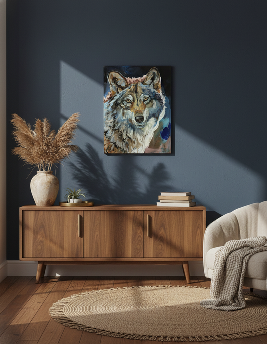 Acrylgemälde Wolf Porträt über Sideboard aus Walnussholz vor dunkelblauer Wand im modernen Wohnzimmer.