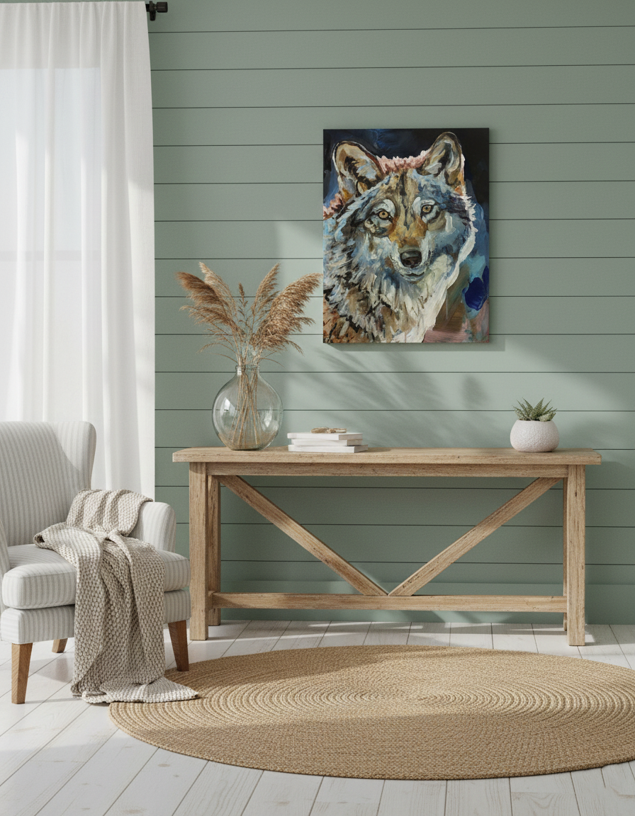 Acrylgemälde Wolf Porträt über rustikalem Holztisch vor hellgrüner Holzpaneelwand.