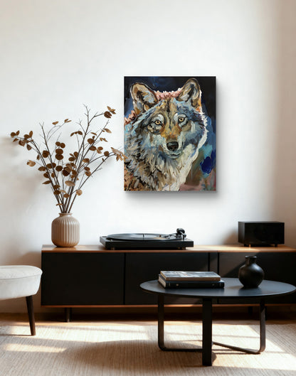 Handgemaltes Wolf Porträt über schwarzem Sideboard mit Plattenspieler im modernen, hellen Wohnzimmer.