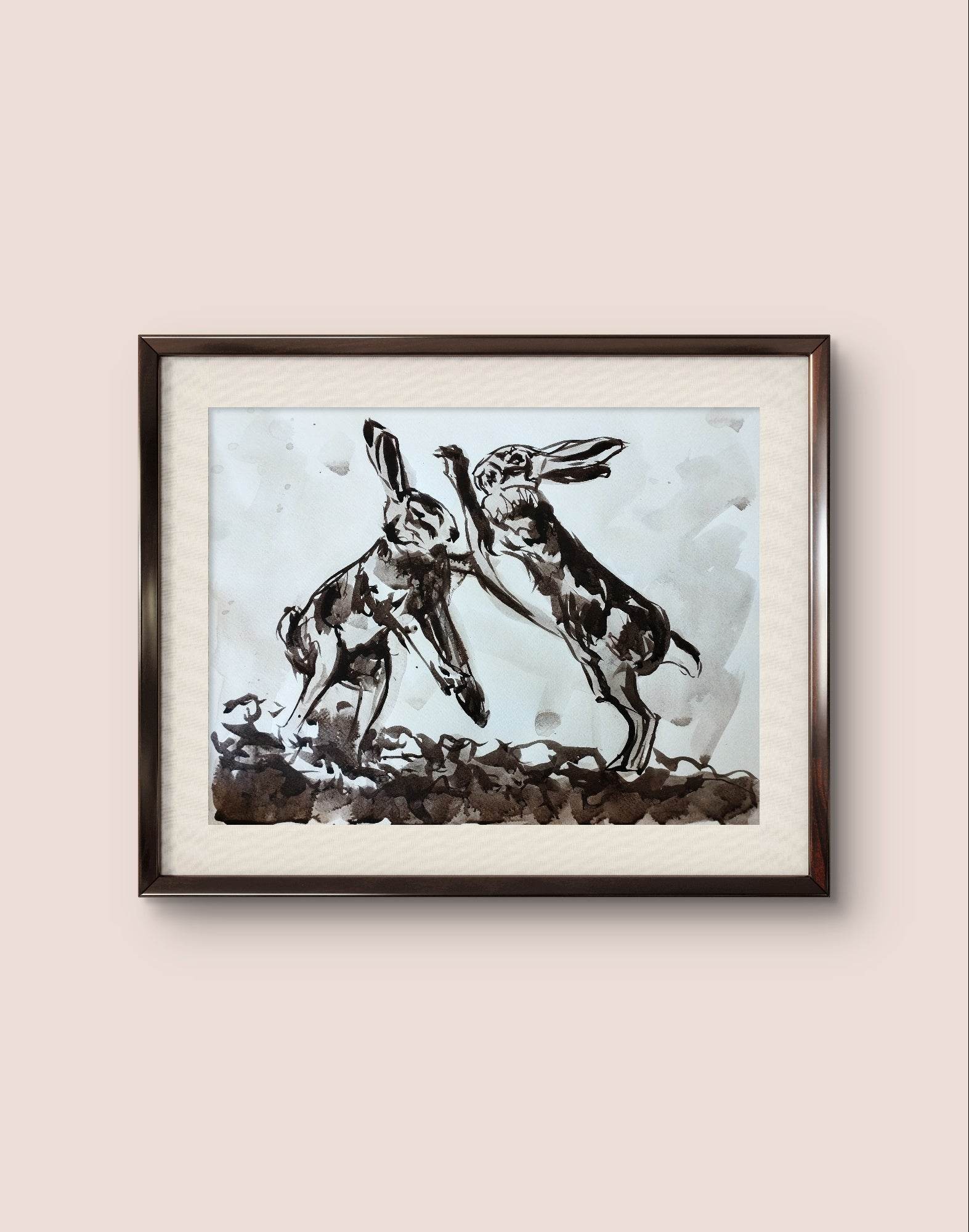 Heinz Acrylbild Aquarellbild „Hasen im Streit“ – Handgemaltes Tiermotiv (30 × 40 cm)