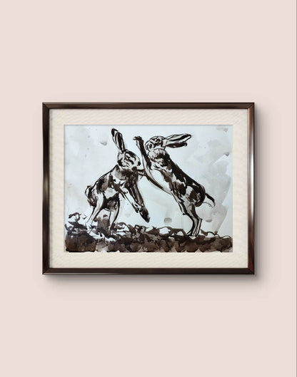Heinz Acrylbild Aquarellbild „Hasen im Streit“ – Handgemaltes Tiermotiv (30 × 40 cm)