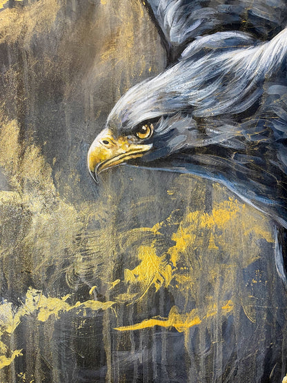 Acrylgemälde „Relentless“ – kraftvoller Adler mit goldenen Akzenten und lebendiger Oberflächenstruktur.