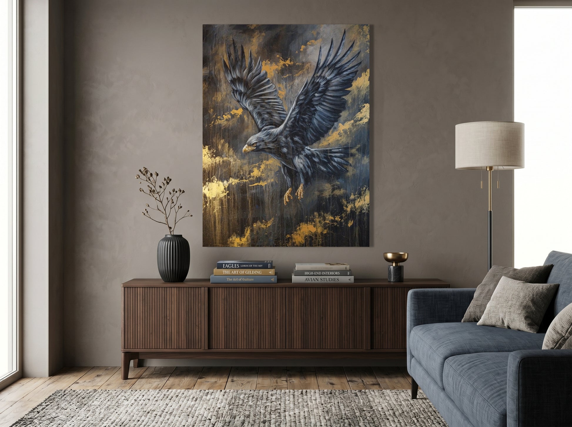 Handgemaltes Adler Bild mit ausgebreiteten Flügeln – abstrakte Wandkunst in Gold und Dunkelgrau