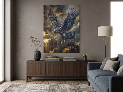 Handgemaltes Adler Bild mit ausgebreiteten Flügeln – abstrakte Wandkunst in Gold und Dunkelgrau