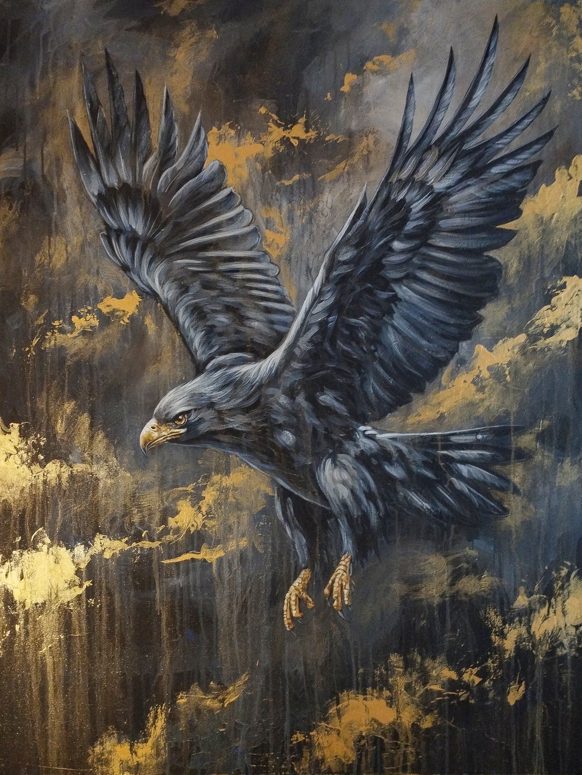 Majestätischer Adler im Flug – modernes Acrylgemälde in Schwarz, Grau und Gold auf Leinwand