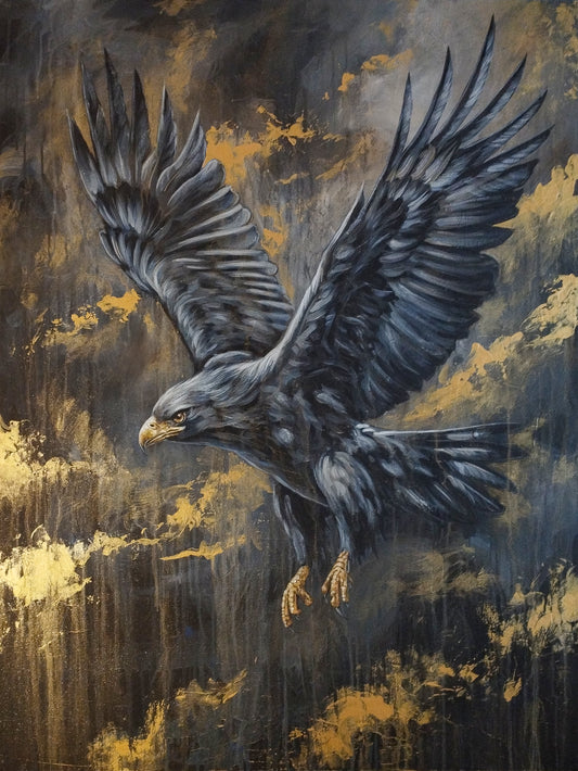Majestätischer Adler im Flug – modernes Acrylgemälde in Schwarz, Grau und Gold auf Leinwand