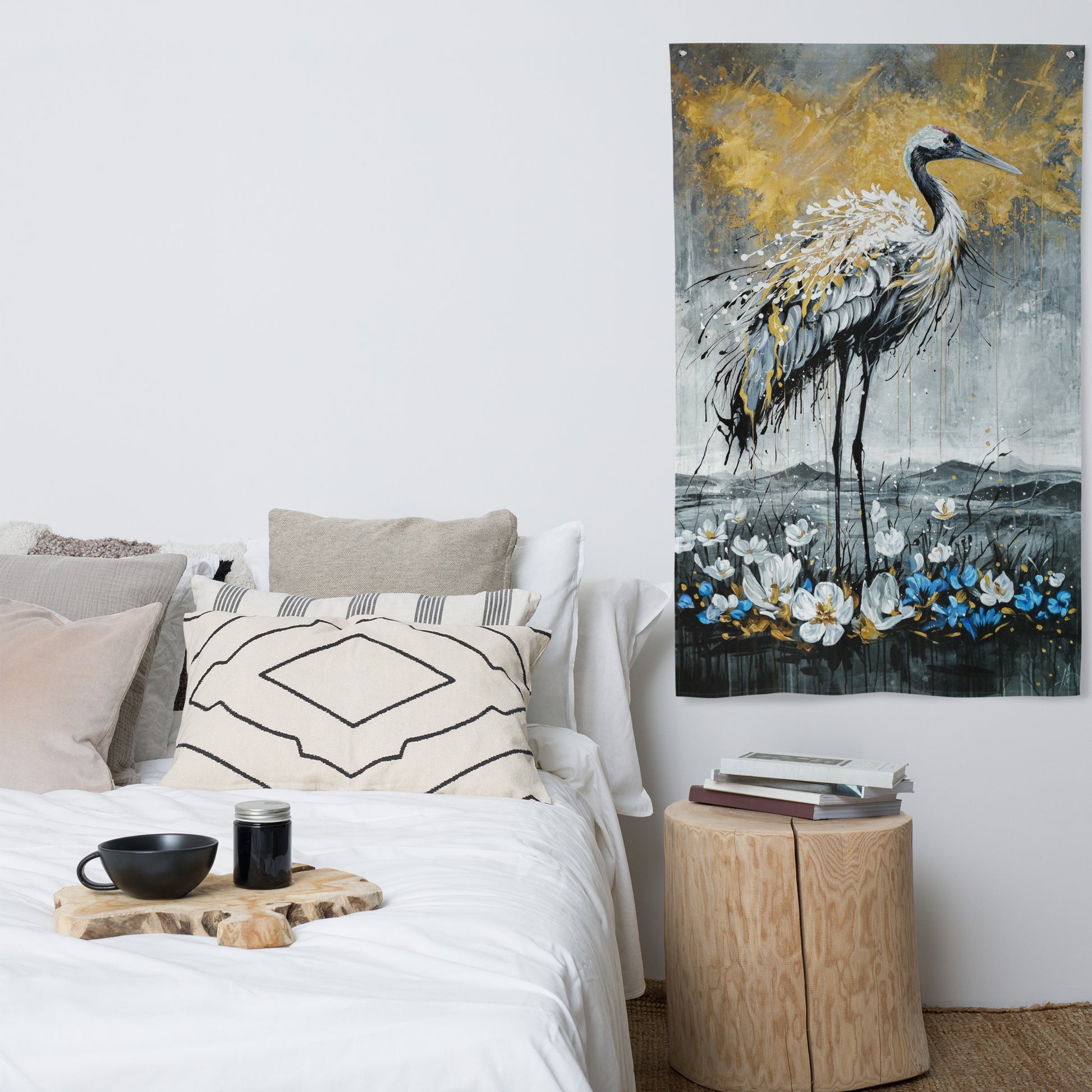 Kranich Kunstwerk als Flagge, moderne Kunst online kaufen, abstrakte Kunst für Zuhause