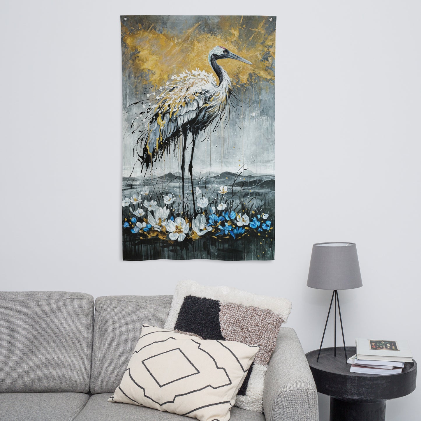 Zeitgenössische Kunst Fahne mit Kranich, moderne Wandkunst und dekorative Flagge