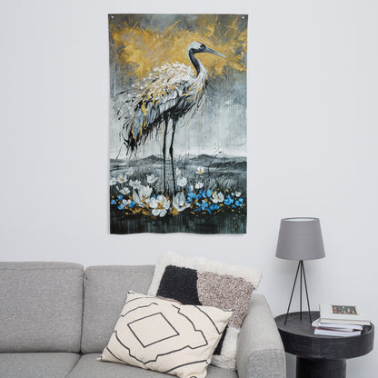 Zeitgenössische Kunst Fahne mit Kranich, moderne Wandkunst und dekorative Flagge