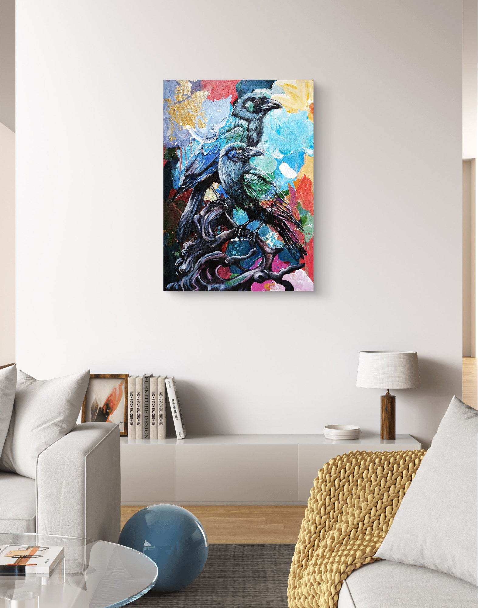 H1Z ART Acrylbild Gemälde Raben auf Ast – handgemaltes Original Acrylbild (50 x 70 cm)