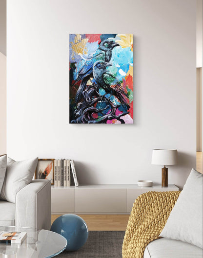 H1Z ART Acrylbild Gemälde Raben auf Ast – handgemaltes Original Acrylbild (50 x 70 cm)