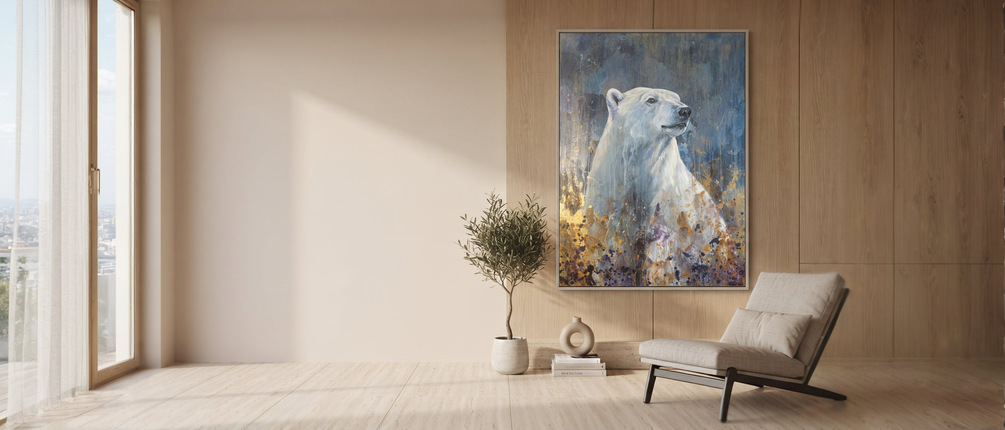 Handgemaltes Eisbär-Acrylgemälde in modernem Wohnzimmer.“