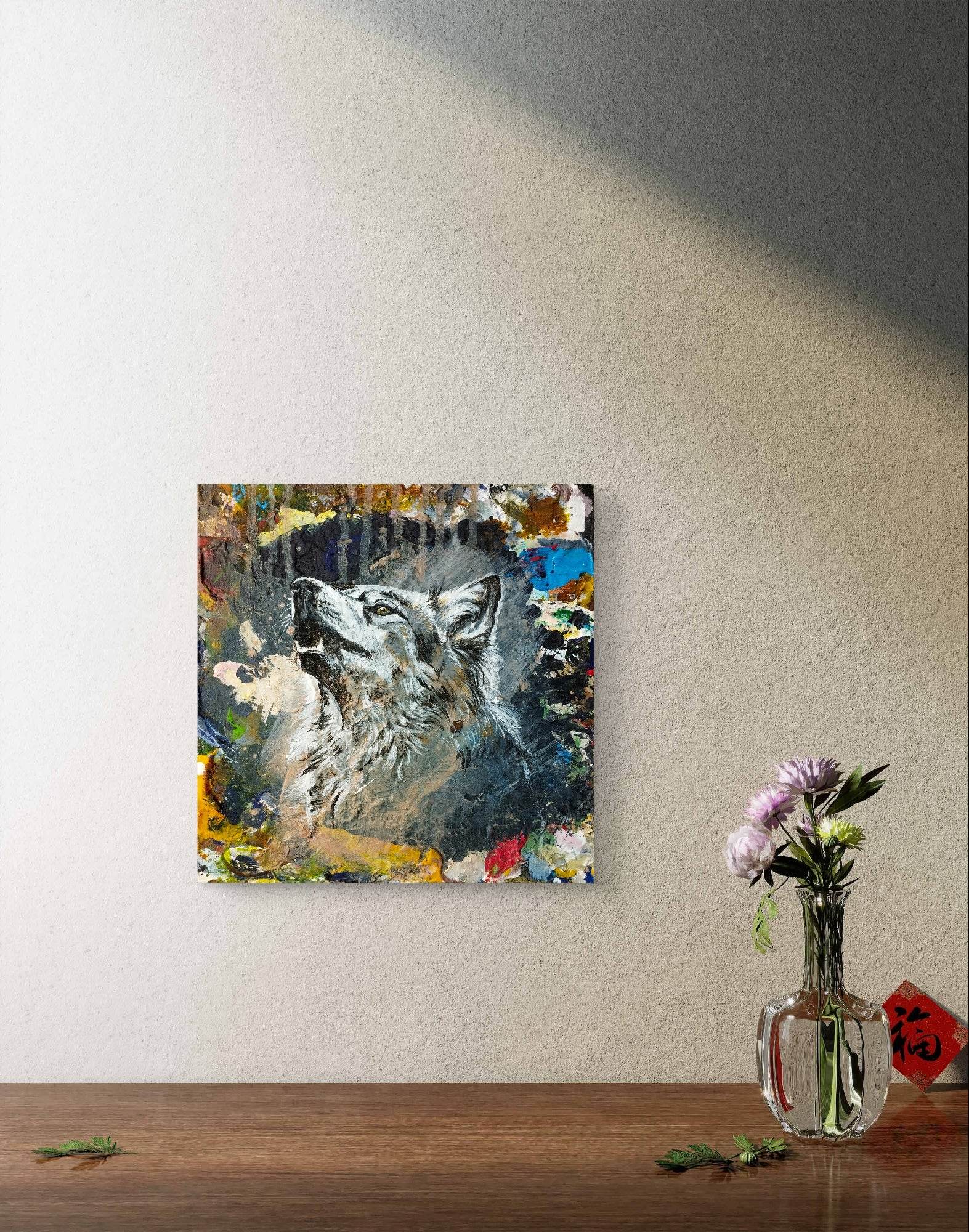 Heinz Acrylbild Wandbild heulender Wolf Acryl auf Leinwand (24 x 22 cm)