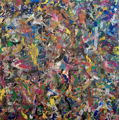Gesamtansicht des großformatigen abstrakten Acrylgemäldes mit seiner energiegeladenen, expressionistischen Komposition aus kräftigen Farben und vertikalen Farbläufern.