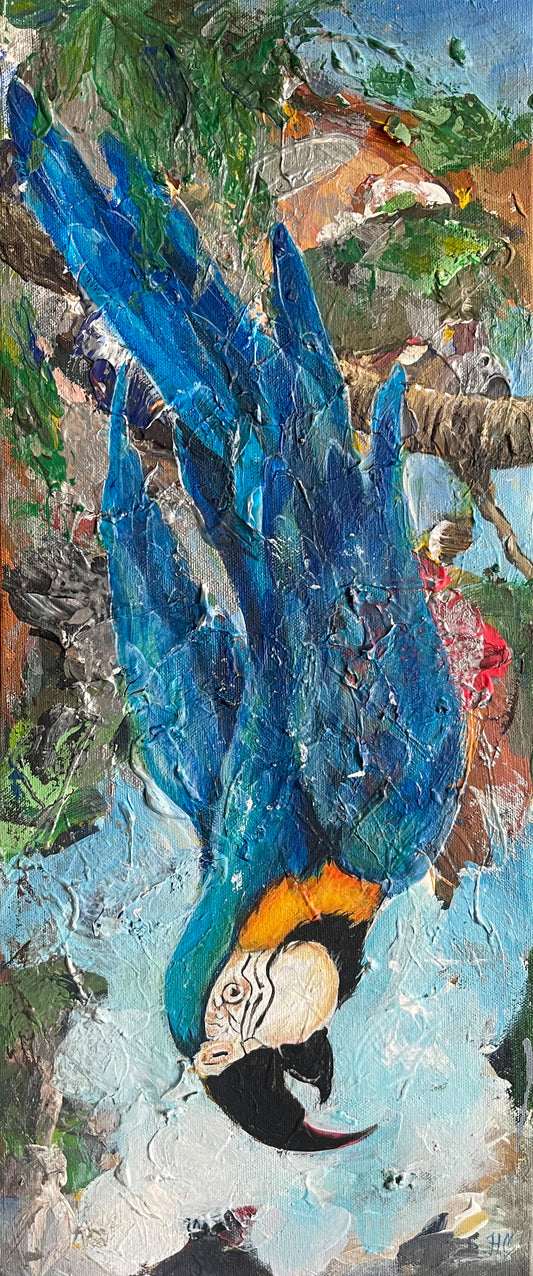 Handgemaltes Acrylgemälde mit Blauer Ara-Papagei, Dschungel-Hintergrund
als moderne Wandkunst im stilvollen Wohnraum.