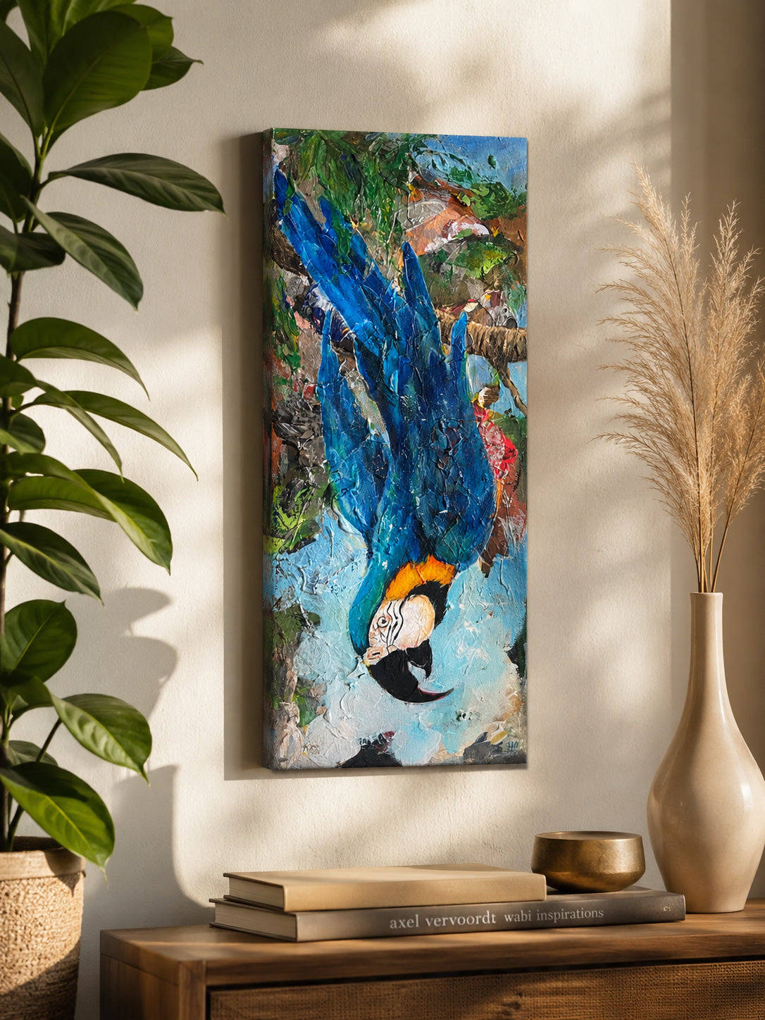 Original Acrylgemälde Blauer Ara-Papagei, Dschungel-Hintergrund auf
Leinwand – handgemalte Tierkunst von Heinz Atelier