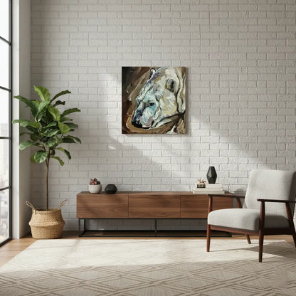 Acrylgemälde Eisbär über niedrigem Holz-Sideboard, im minimalistischen Wohnzimmer.