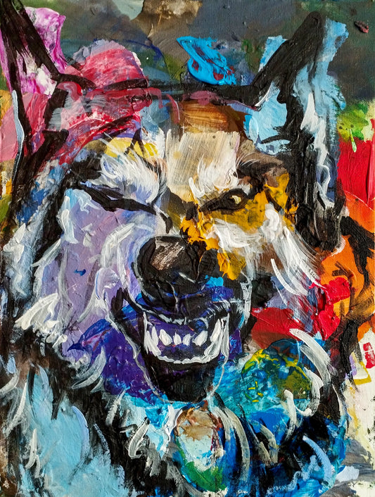 H1Z ART Acrylbild Gemälde Wolf Wilde Wut– handgemaltes Original Acrylbild (40 x 30 cm)