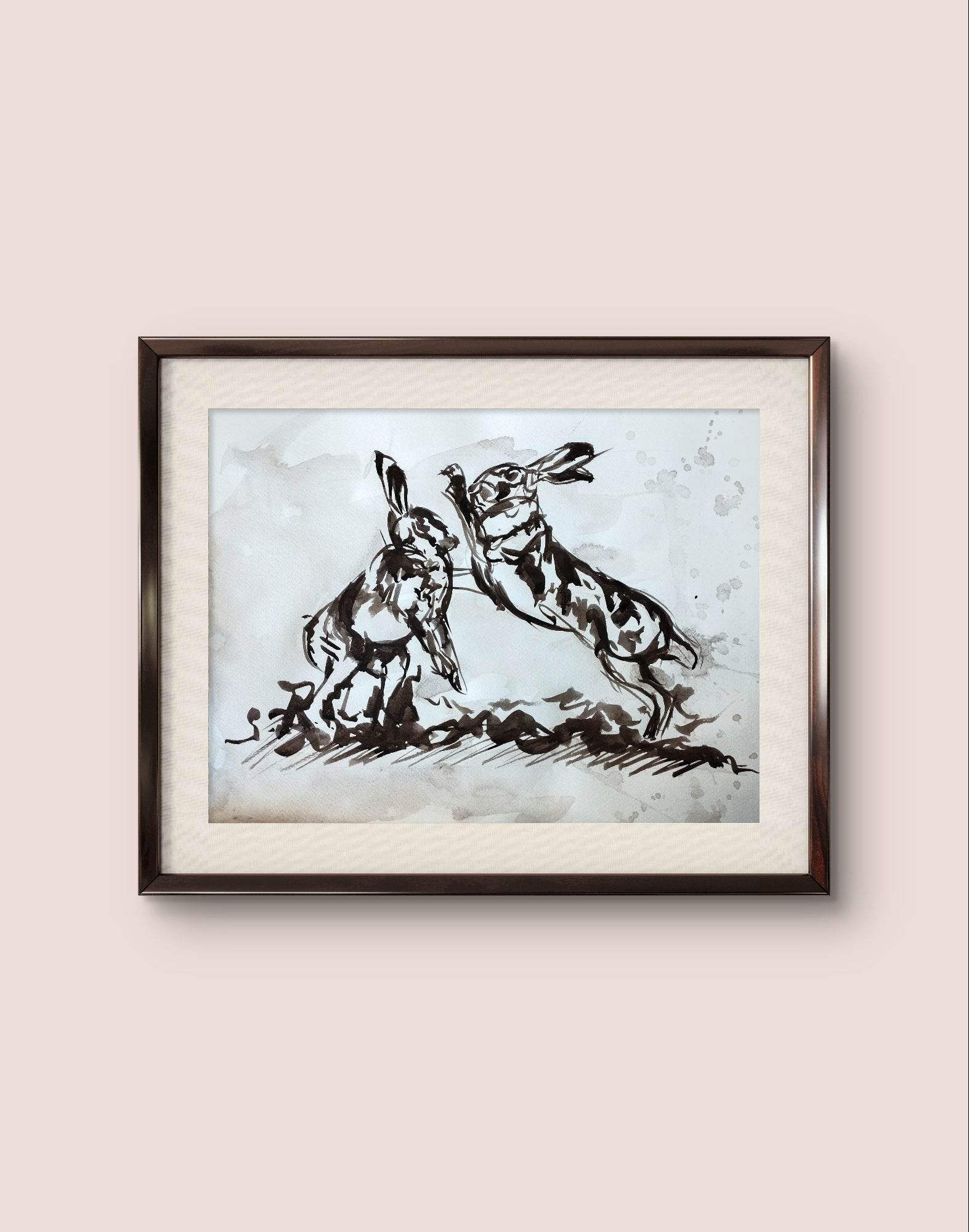 Heinz Acrylbild Aquarellbild „Hasen im Streit“ – Handgemaltes Tiermotiv (30 × 40 cm)