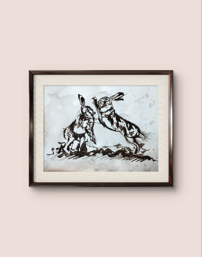 Heinz Acrylbild Aquarellbild „Hasen im Streit“ – Handgemaltes Tiermotiv (30 × 40 cm)