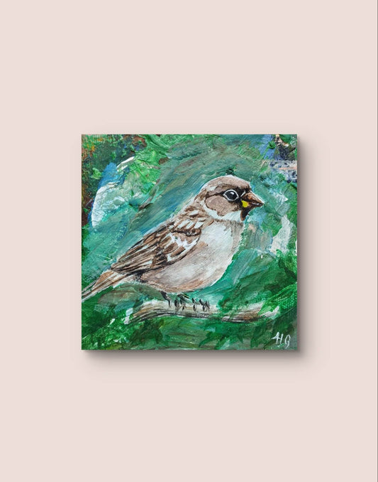 Heinz Acrylbild Wandbild Sperling Acryl auf Leinwand (10 x 10 cm)