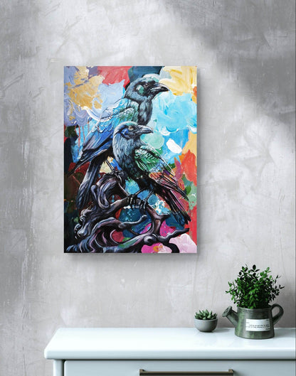 H1Z ART Acrylbild Gemälde Raben auf Ast – handgemaltes Original Acrylbild (50 x 70 cm)