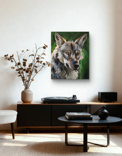 Ruhiger Wolf Acrylbild auf Leinwand, handgemaltes Tierportrait mit sanfter Stärke für Wohnzimmer oder Büro.