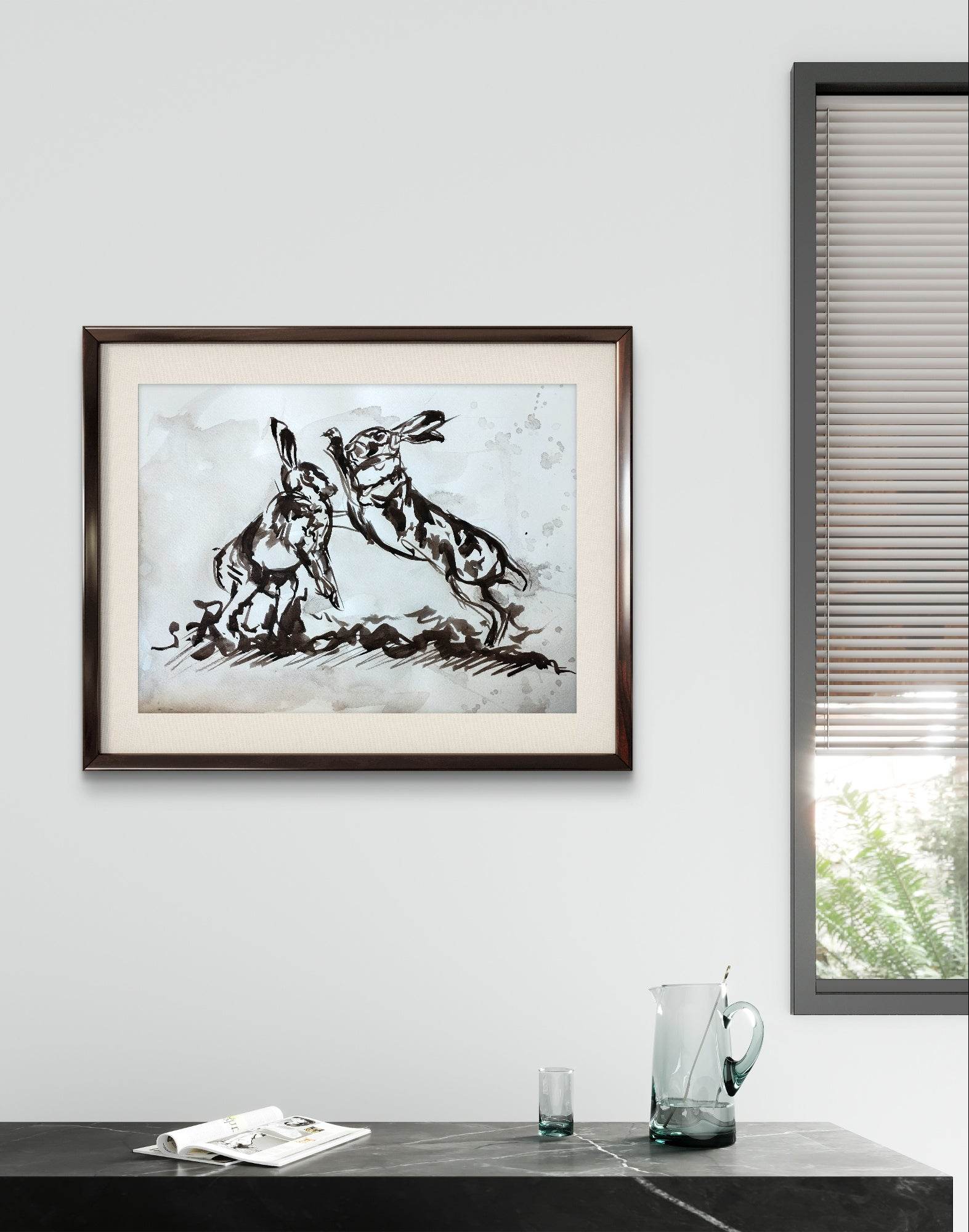 Heinz Acrylbild Aquarellbild „Hasen im Streit“ – Handgemaltes Tiermotiv (30 × 40 cm)