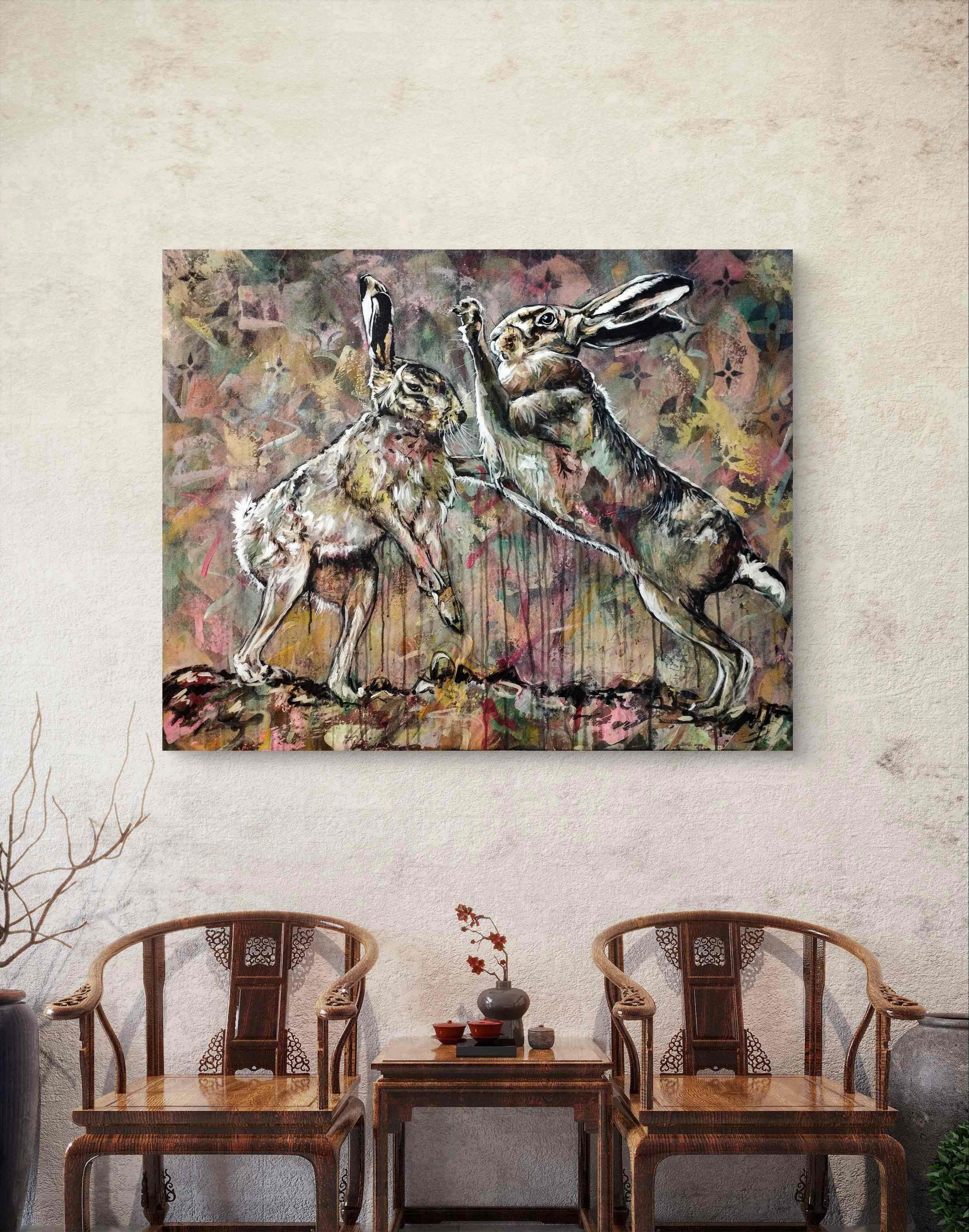 Heinz Acrylbild Wandbild zwei Hasen Acryl auf Leinwand (100 x 80 cm)