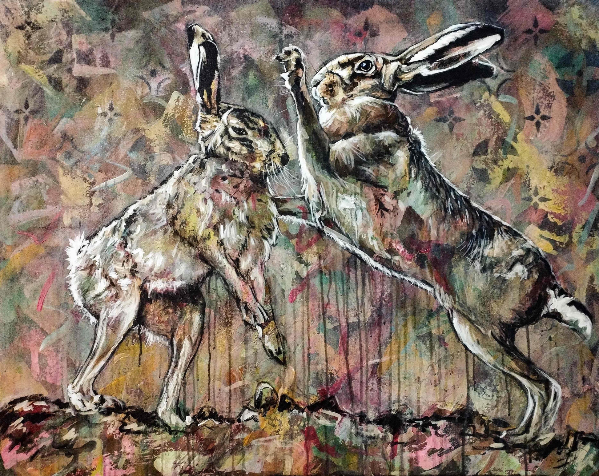 Heinz Acrylbild Wandbild zwei Hasen Acryl auf Leinwand (100 x 80 cm)
