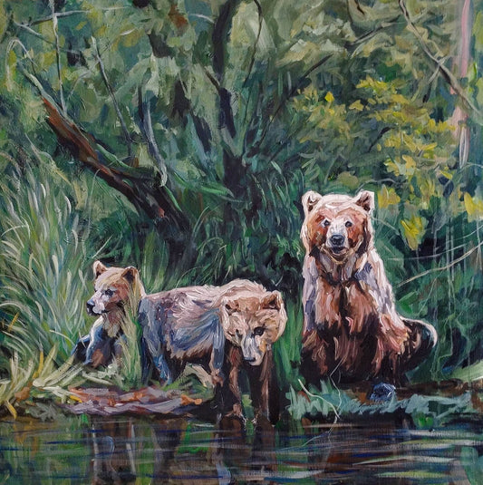 Gemälde Drei Bären im Wald – handgemaltes Original Acrylbild (100 x 100 cm) - H1Z Art