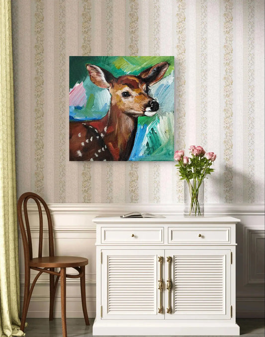 Handgemaltes Reh Acrylgemälde 40×40 cm – sanfter Blick, warme Erdtöne, Tierporträt Leinwand