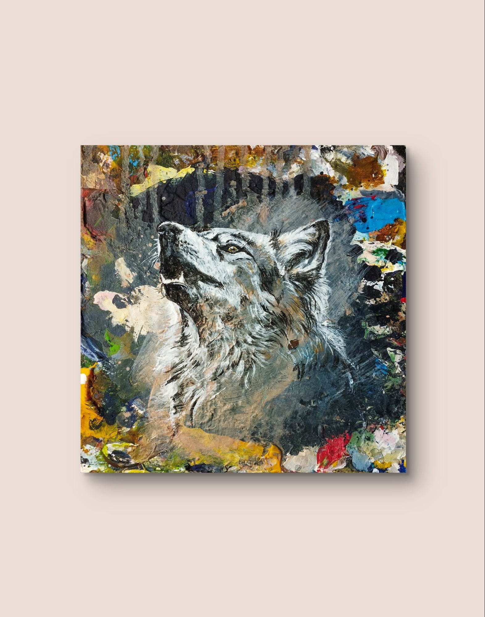 Heinz Acrylbild Wandbild heulender Wolf Acryl auf Leinwand (24 x 22 cm)