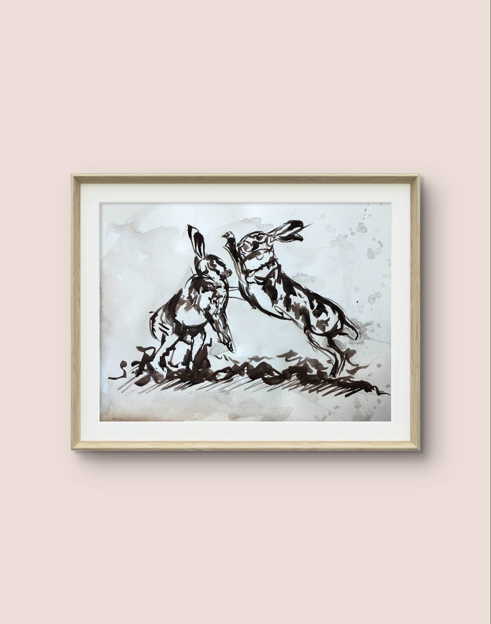 Heinz Acrylbild Aquarellbild „Hasen im Streit“ – Handgemaltes Tiermotiv (30 × 40 cm)