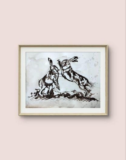 Heinz Acrylbild Aquarellbild „Hasen im Streit“ – Handgemaltes Tiermotiv (30 × 40 cm)