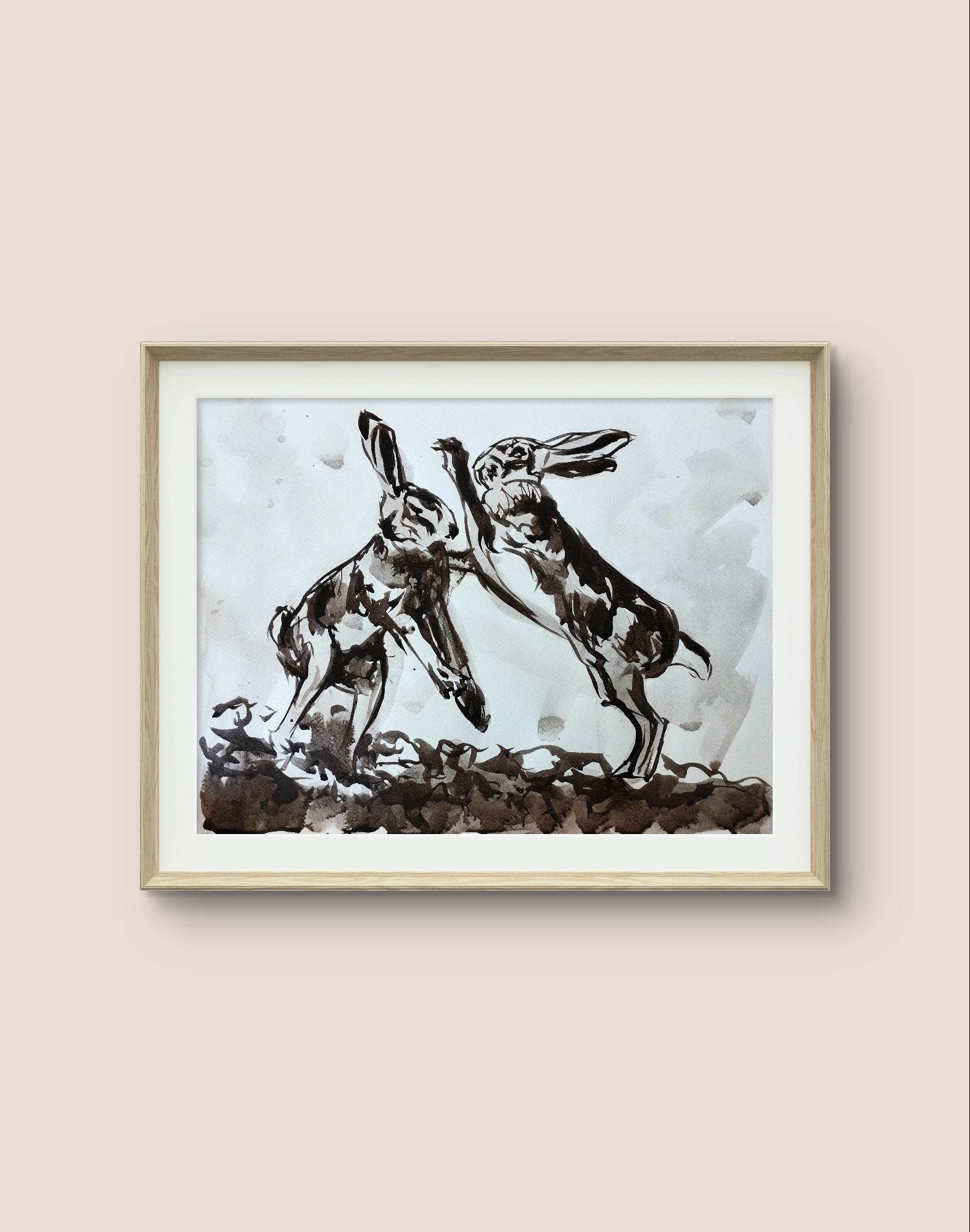 Heinz Acrylbild Aquarellbild „Hasen im Streit“ – Handgemaltes Tiermotiv (30 × 40 cm)