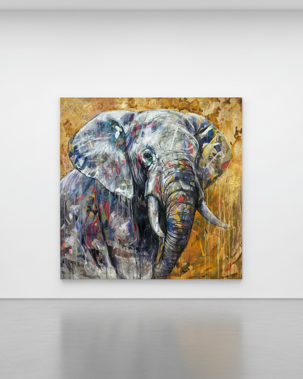 Handgemaltes Elefantengemälde in Acryl auf Leinwand – Großformat 140×140 cm, Tiergemälde kaufen