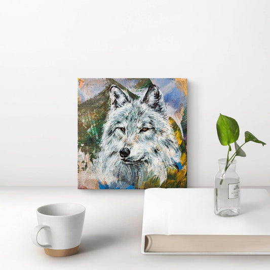 Gemälde Wolf – handgemaltes Original Acrylbild (10 x 10 cm)