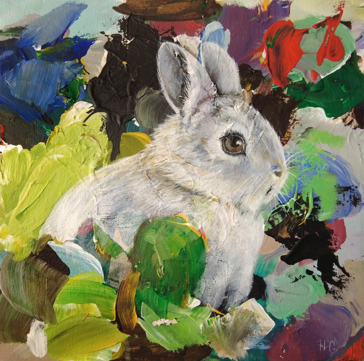 Handgemaltes Hase Acrylgemälde 30×30 cm – frisches Tierportrait in Grün- und Weißtönen auf Leinwand