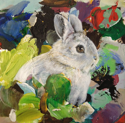 Handgemaltes Hase Acrylgemälde 30×30 cm – frisches Tierportrait in Grün- und Weißtönen auf Leinwand