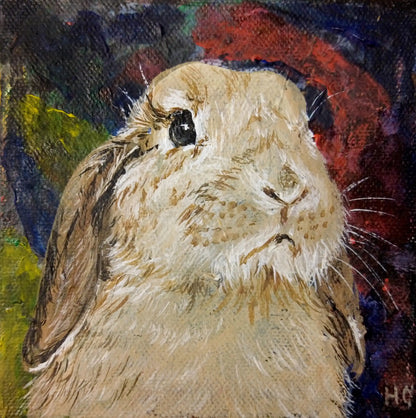 Handgemaltes Kaninchen Acrylgemälde 10×10 cm – weiches Tierportrait in hellen Tönen auf Leinwand