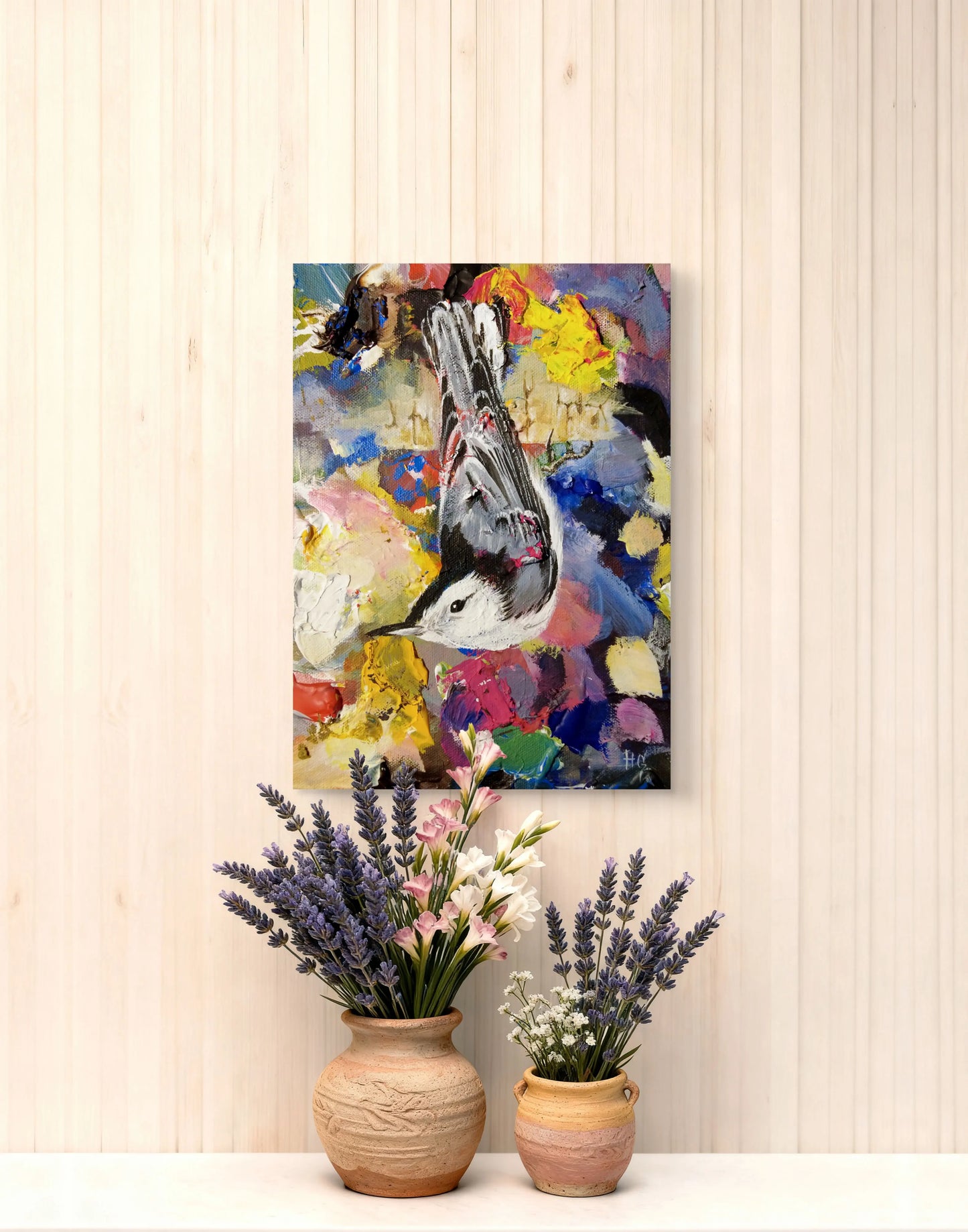 Bunter Vogel Acrylbild auf Leinwand, handgemaltes Tierportrait, farbenfrohe Wanddeko für Wohnzimmer.